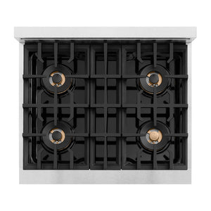 ZLINE 30 in. Classic Gas Rangetop with 4 Burner DuoPro™ Cooktop in Satin Stainless Steel (PCRTS-30) top-down, above cooktop.