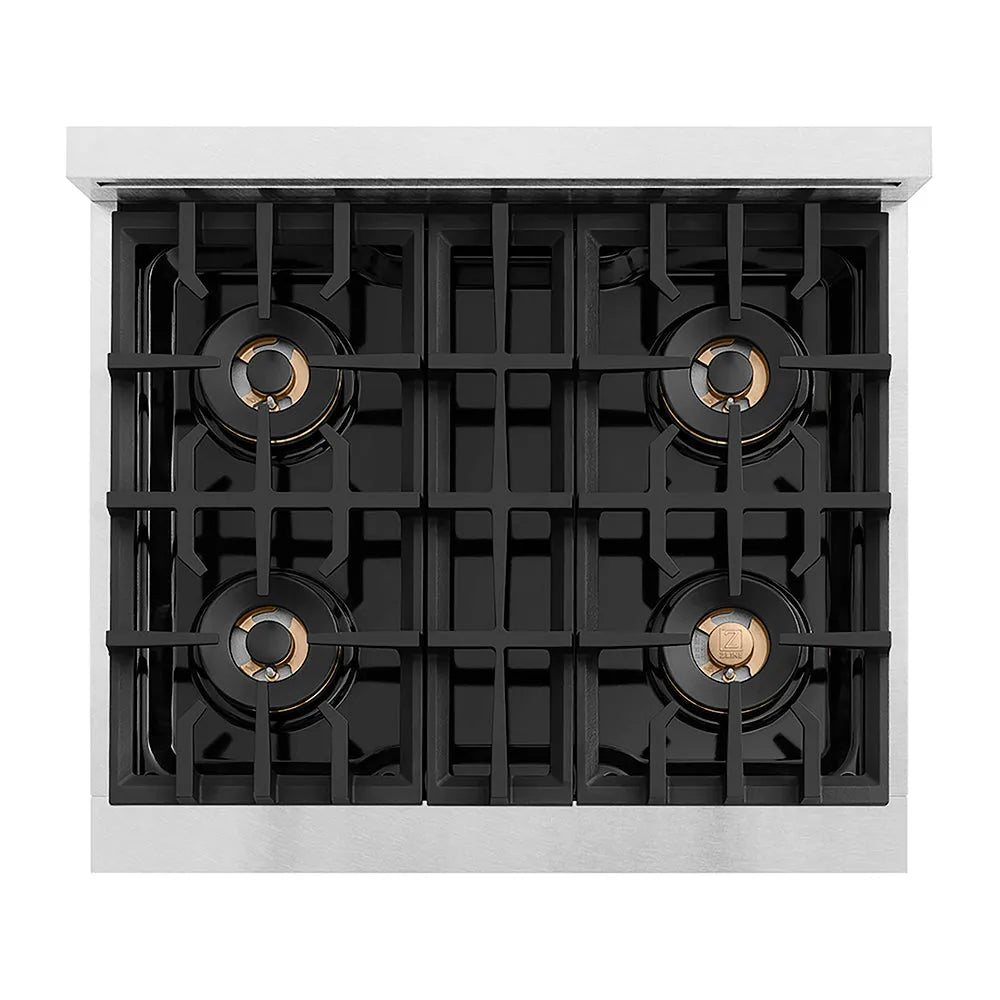 ZLINE Autograph Edition 30 in. Classic Gas Rangetop with 4 Burner DuoPro™ Cooktop in Satin Stainless Steel and Champagne Bronze Accents (PCRTSZ-30-CB) top-down, above cooktop.