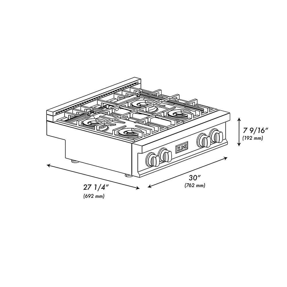 ZLINE Autograph Edition 30 in. Classic Gas Rangetop with 4 Burner DuoPro™ Cooktop in Satin Stainless Steel and Polished Gold Accents (PCRTSZ-30-G)