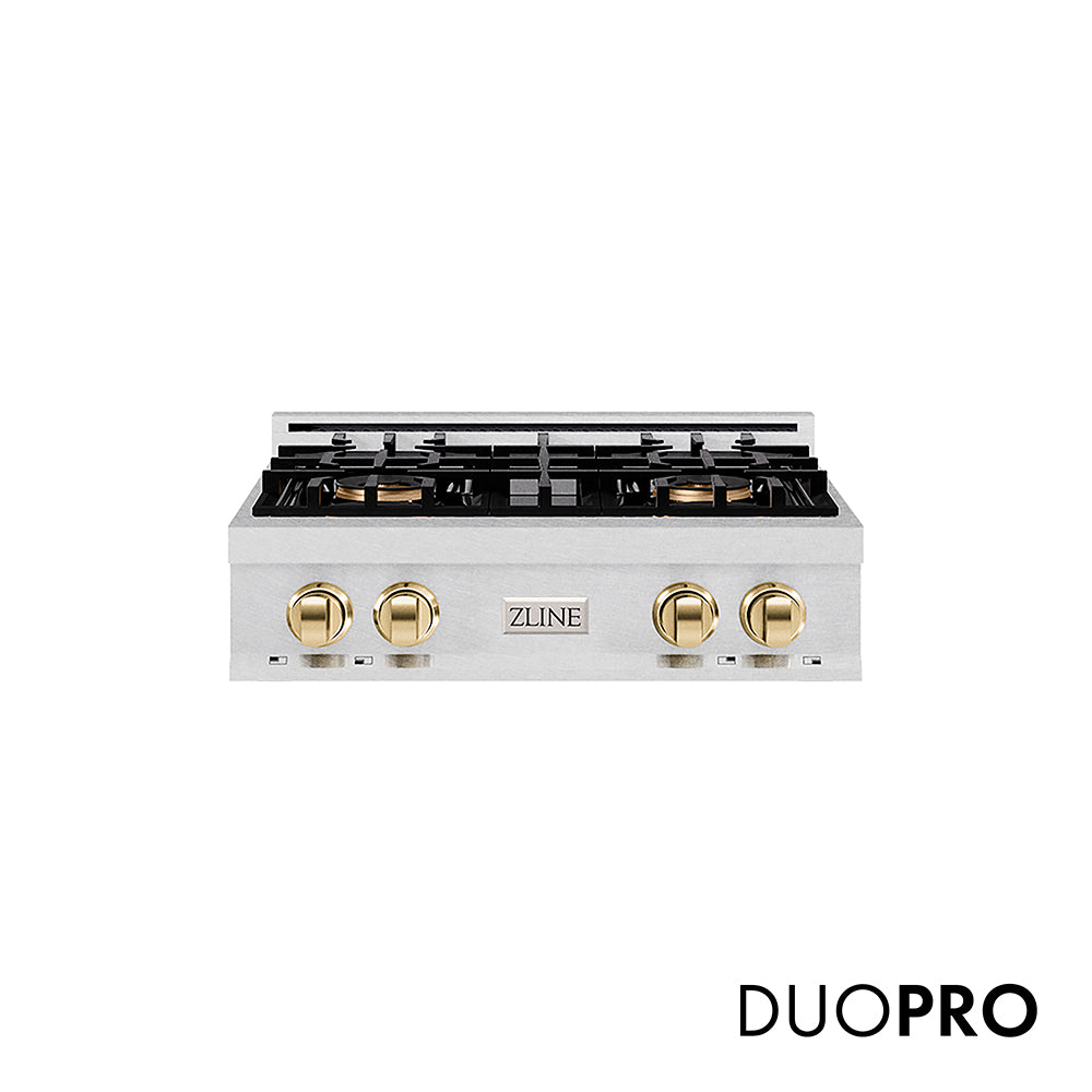 ZLINE Autograph Edition 30 in. Classic Gas Rangetop with 4 Burner DuoPro™ Cooktop in Satin Stainless Steel and Polished Gold Accents (PCRTSZ-30-G)