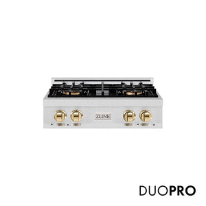 ZLINE Autograph Edition 30 in. Classic Gas Rangetop with 4 Burner DuoPro™ Cooktop in Satin Stainless Steel and Polished Gold Accents (PCRTSZ-30-G)