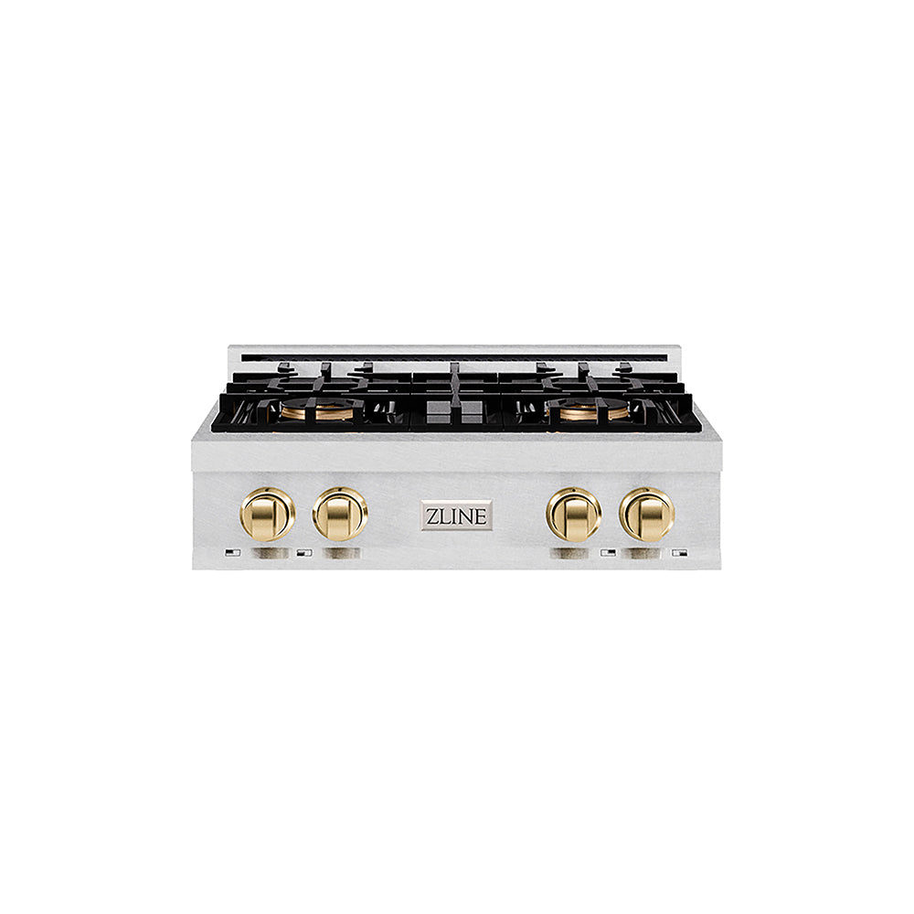 ZLINE Autograph Edition 30 in. Classic Gas Rangetop with 4 Burner DuoPro™ Cooktop in Satin Stainless Steel and Polished Gold Accents (PCRTSZ-30-G)