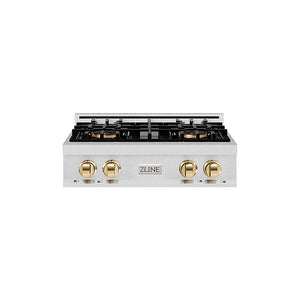 ZLINE Autograph Edition 30 in. Classic Gas Rangetop with 4 Burner DuoPro™ Cooktop in Satin Stainless Steel and Polished Gold Accents (PCRTSZ-30-G)