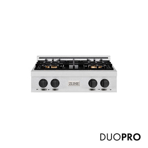 ZLINE Autograph Edition 30 in. Classic Gas Rangetop with 4 Burner DuoPro™ Cooktop in Satin Stainless Steel and Matte Black Accents (PCRTSZ-30-MB)