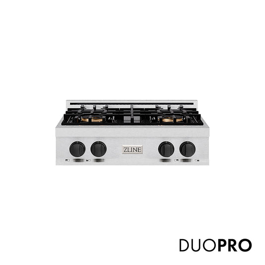 ZLINE Autograph Edition 30 in. Classic Gas Rangetop with 4 Burner DuoPro™ Cooktop in Satin Stainless Steel and Matte Black Accents (PCRTSZ-30-MB)