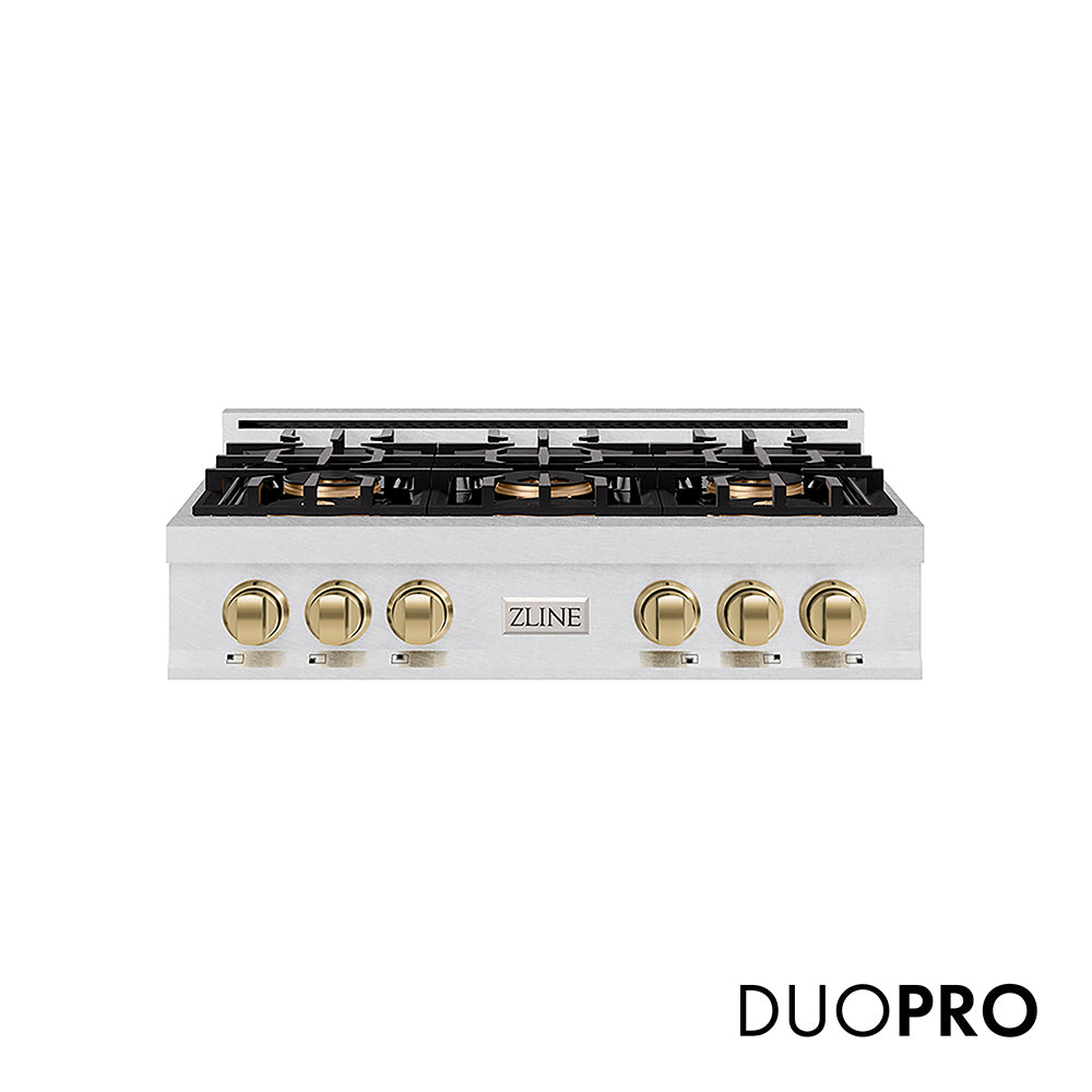 ZLINE Autograph Edition 36 in. Classic Gas Rangetop with 6 Burner DuoPro™ Cooktop in Satin Stainless Steel and Champagne Bronze Accents (PCRTSZ-36-CB)