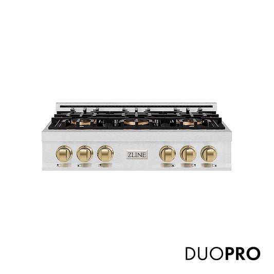 ZLINE Autograph Edition 36 in. Classic Gas Rangetop with 6 Burner DuoPro™ Cooktop in Satin Stainless Steel and Champagne Bronze Accents (PCRTSZ-36-CB)