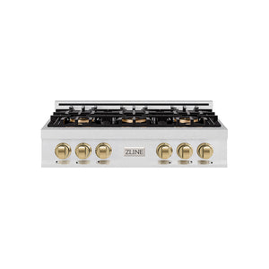 ZLINE Autograph Edition 36 in. Classic Gas Rangetop with 6 Burner DuoPro™ Cooktop in Satin Stainless Steel and Champagne Bronze Accents (PCRTSZ-36-CB)