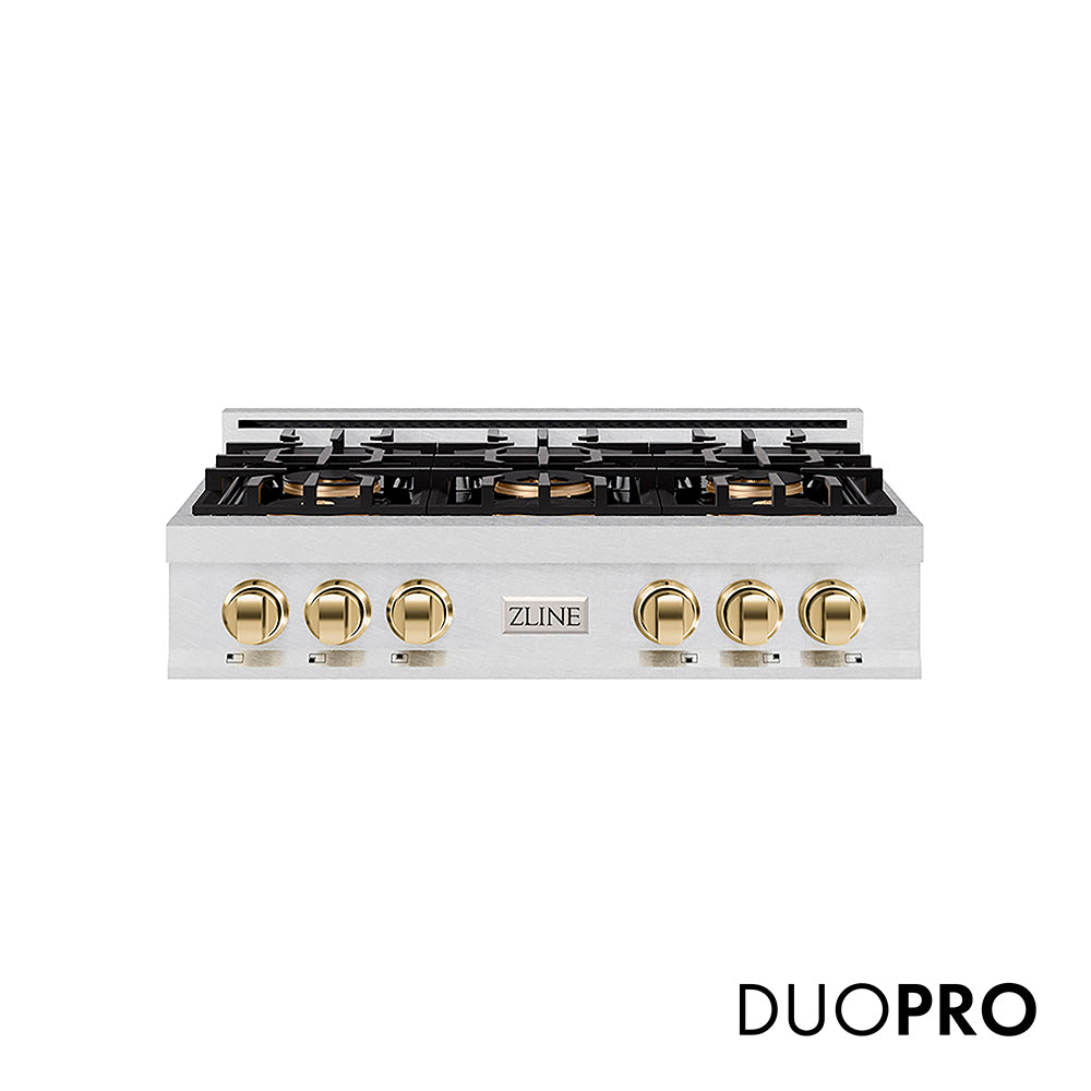 ZLINE Autograph Edition 36 in. Classic Gas Rangetop with 6 Burner DuoPro™ Cooktop in Satin Stainless Steel and Polished Gold Accents (PCRTSZ-36-G)