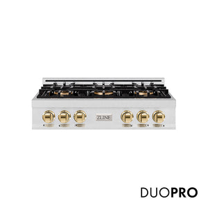 ZLINE Autograph Edition 36 in. Classic Gas Rangetop with 6 Burner DuoPro™ Cooktop in Satin Stainless Steel and Polished Gold Accents (PCRTSZ-36-G)