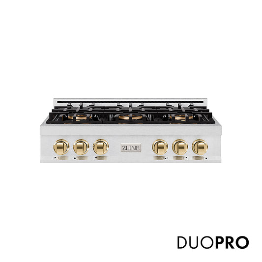 ZLINE Autograph Edition 36 in. Classic Gas Rangetop with 6 Burner DuoPro™ Cooktop in Satin Stainless Steel and Polished Gold Accents (PCRTSZ-36-G)