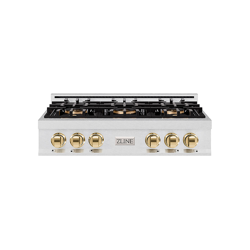 ZLINE Autograph Edition 36 in. Classic Gas Rangetop with 6 Burner DuoPro™ Cooktop in Satin Stainless Steel and Polished Gold Accents (PCRTSZ-36-G)