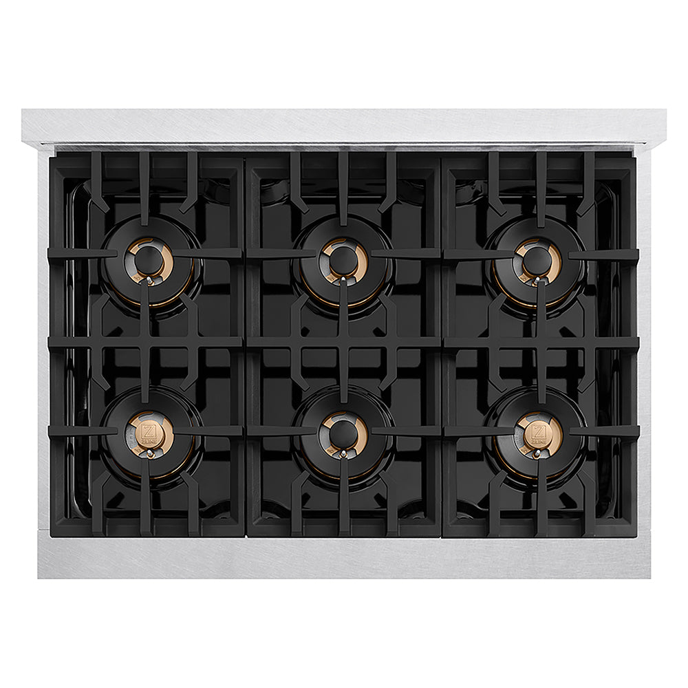 ZLINE Autograph Edition 36 in. Classic Gas Rangetop with 6 Burner DuoPro™ Cooktop in Satin Stainless Steel and Polished Gold Accents (PCRTSZ-36-G)