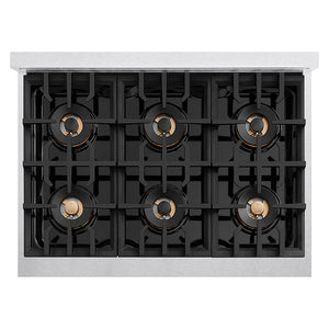 ZLINE Autograph Edition 36 in. Classic Gas Rangetop with 6 Burner DuoPro™ Cooktop in Satin Stainless Steel and Polished Gold Accents (PCRTSZ-36-G)