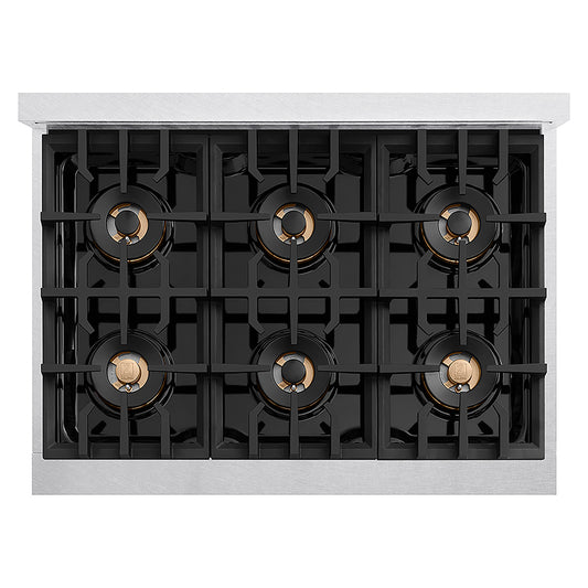 ZLINE Autograph Edition 36 in. Classic Gas Rangetop with 6 Burner DuoPro™ Cooktop in Satin Stainless Steel and Polished Gold Accents (PCRTSZ-36-G)