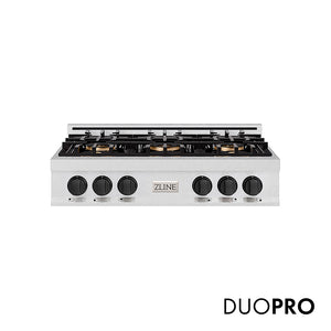 ZLINE Autograph Edition 36 in. Classic Gas Rangetop with 6 Burner DuoPro™ Cooktop in Satin Stainless Steel and Matte Black Accents (PCRTSZ-36-MB)