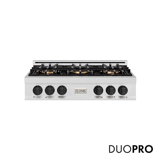 ZLINE Autograph Edition 36 in. Classic Gas Rangetop with 6 Burner DuoPro™ Cooktop in Satin Stainless Steel and Matte Black Accents (PCRTSZ-36-MB)