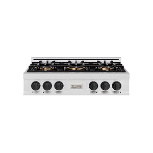 ZLINE Autograph Edition 36 in. Classic Gas Rangetop with 6 Burner DuoPro™ Cooktop in Satin Stainless Steel and Matte Black Accents (PCRTSZ-36-MB)