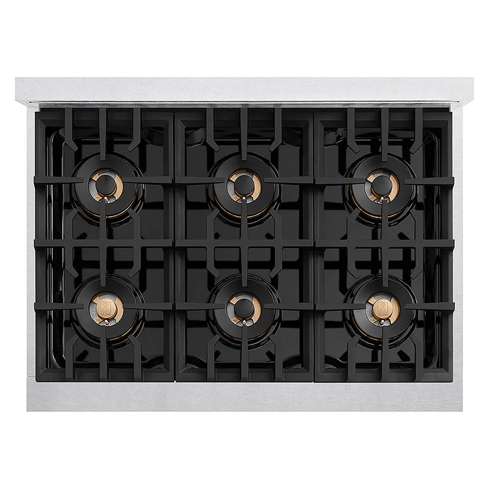 ZLINE Autograph Edition 36 in. Classic Gas Rangetop with 6 Burner DuoPro™ Cooktop in Satin Stainless Steel and Matte Black Accents (PCRTSZ-36-MB) top-down, above cooktop.