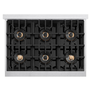 ZLINE Autograph Edition 36 in. Classic Gas Rangetop with 6 Burner DuoPro™ Cooktop in Satin Stainless Steel and Matte Black Accents (PCRTSZ-36-MB) top-down, above cooktop.