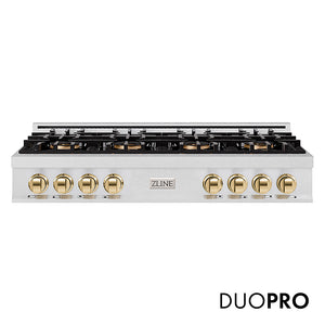 ZLINE Autograph Edition 48 in. Classic Gas Rangetop with 8 Burner DuoPro™ Cooktop in Satin Stainless Steel and Polished Gold Accents (PCRTSZ-48-G)