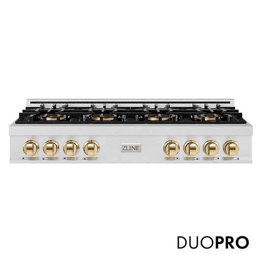 ZLINE Autograph Edition 48 in. Classic Gas Rangetop with 8 Burner DuoPro™ Cooktop in Satin Stainless Steel and Polished Gold Accents (PCRTSZ-48-G)