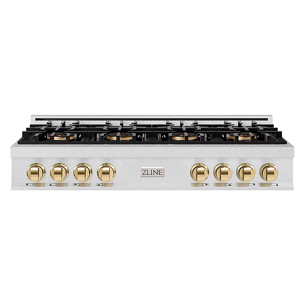 ZLINE Autograph Edition 48 in. Classic Gas Rangetop with 8 Burner DuoPro™ Cooktop in Satin Stainless Steel and Polished Gold Accents (PCRTSZ-48-G)