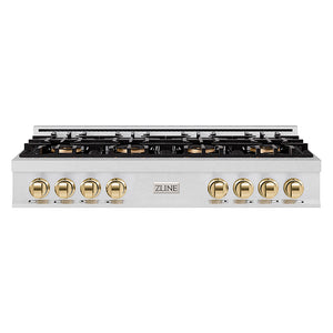 ZLINE Autograph Edition 48 in. Classic Gas Rangetop with 8 Burner DuoPro™ Cooktop in Satin Stainless Steel and Polished Gold Accents (PCRTSZ-48-G)