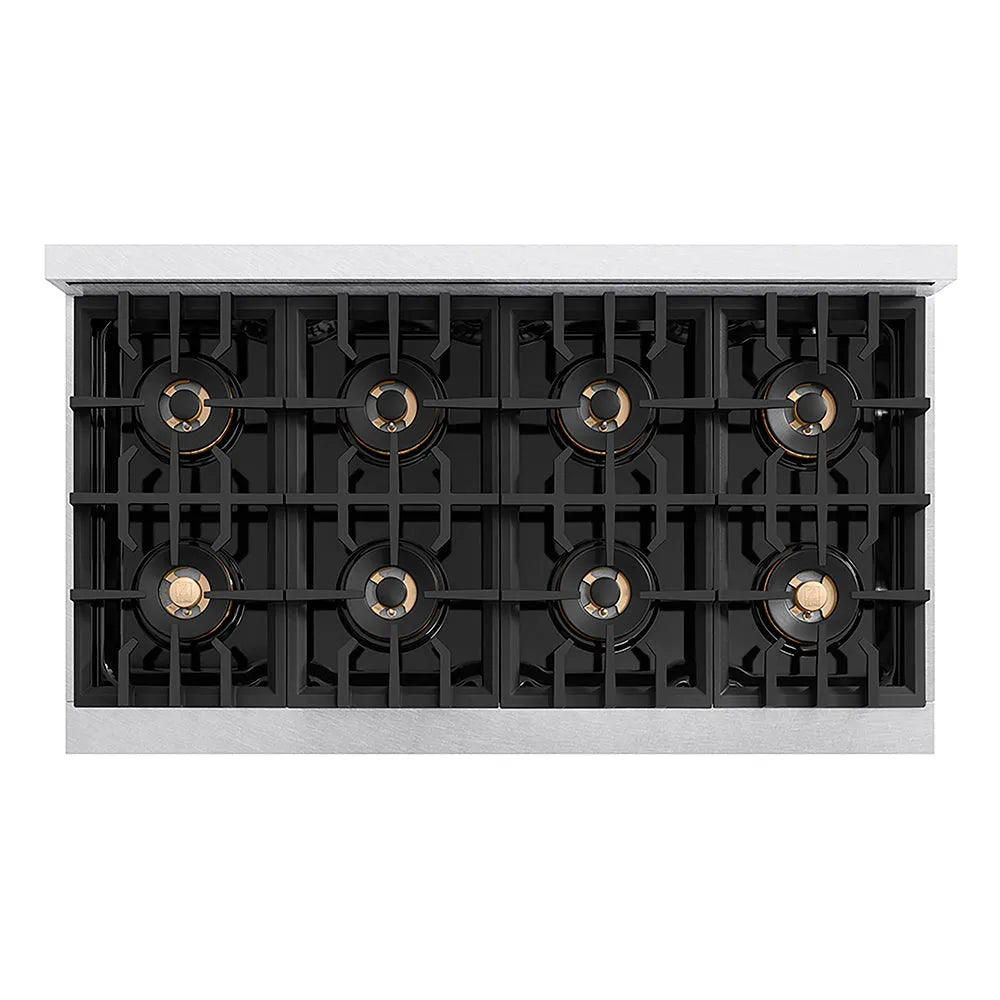 ZLINE Autograph Edition 48 in. Classic Gas Rangetop with 8 Burner DuoPro™ Cooktop in Satin Stainless Steel and Polished Gold Accents (PCRTSZ-48-G) top-down, above cooktop.