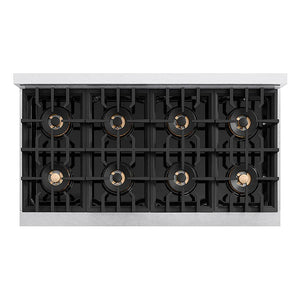 ZLINE Autograph Edition 48 in. Classic Gas Rangetop with 8 Burner DuoPro™ Cooktop in Satin Stainless Steel and Polished Gold Accents (PCRTSZ-48-G) top-down, above cooktop.