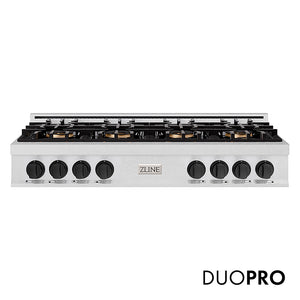 ZLINE Autograph Edition 48 in. Classic Gas Rangetop with 8 Burner DuoPro™ Cooktop in Satin Stainless Steel and Matte Black Accents (PCRTSZ-48-MB)