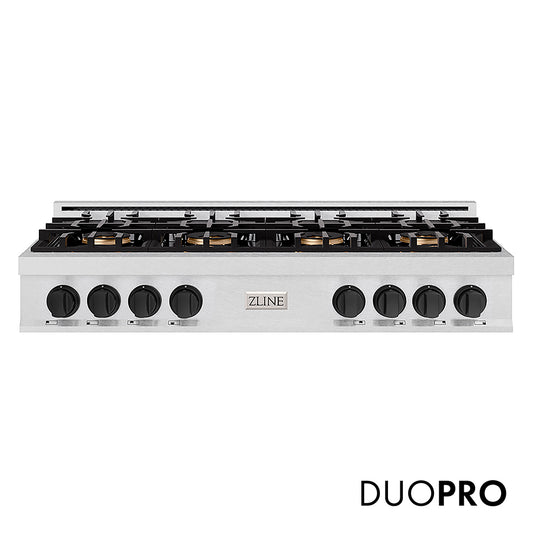 ZLINE Autograph Edition 48 in. Classic Gas Rangetop with 8 Burner DuoPro™ Cooktop in Satin Stainless Steel and Matte Black Accents (PCRTSZ-48-MB)