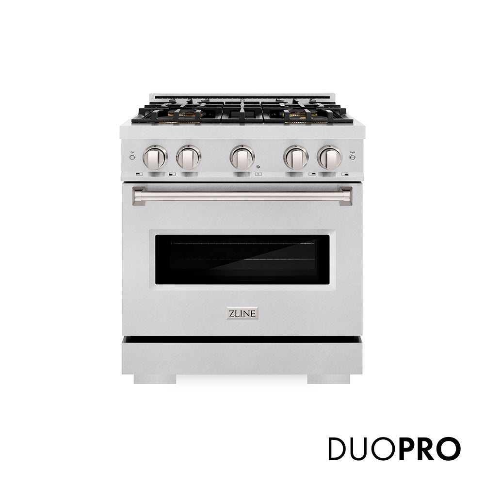 ZLINE 30 in. 4.2 cu. ft. Classic Dual Fuel Range with 4 Burner DuoPro™ Cooktop and Electric Convection Oven in Satin Stainless Steel (PCDRS-30) front, with DuoPro™ logo.