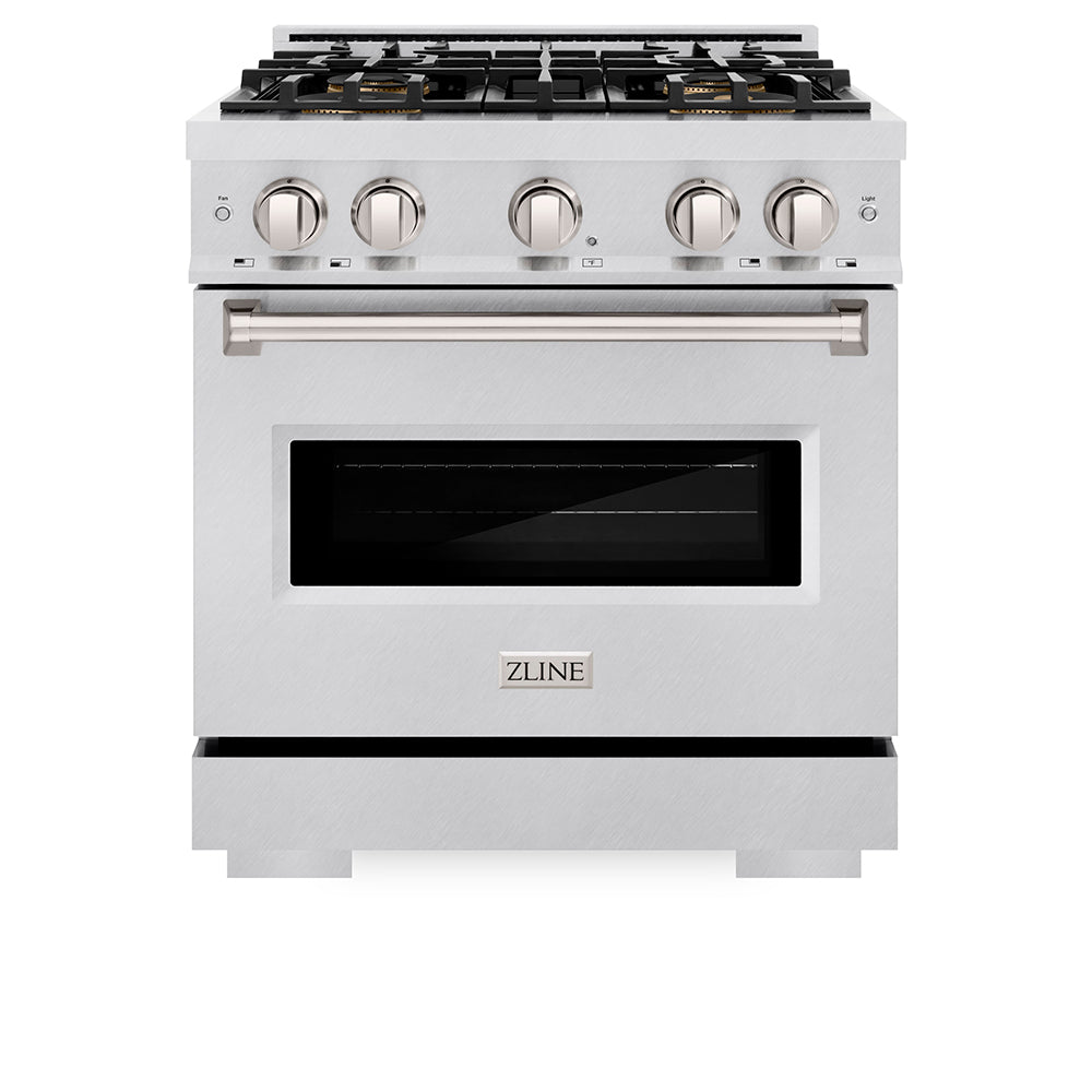 ZLINE 30 in. 4.2 cu. ft. Classic Dual Fuel Range with 4 Burner DuoPro™ Cooktop and Electric Convection Oven in Satin Stainless Steel (PCDRS-30) front, oven closed.