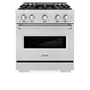 ZLINE 30 in. 4.2 cu. ft. Classic Dual Fuel Range with 4 Burner DuoPro™ Cooktop and Electric Convection Oven in Satin Stainless Steel (PCDRS-30) front, oven closed.