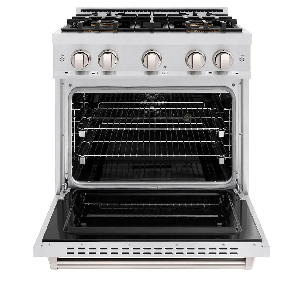 ZLINE 30 in. 4.2 cu. ft. Classic Dual Fuel Range with 4 Burner DuoPro™ Cooktop and Electric Convection Oven in Satin Stainless Steel (PCDRS-30) front, oven open.