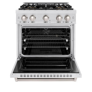 ZLINE 30 in. 4.2 cu. ft. Classic Dual Fuel Range with 4 Burner DuoPro™ Cooktop and Electric Convection Oven in Satin Stainless Steel (PCDRS-30) front, oven open.