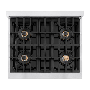 ZLINE 30 in. 4.2 cu. ft. Classic Dual Fuel Range with 4 Burner DuoPro™ Cooktop and Electric Convection Oven in Satin Stainless Steel (PCDRS-30) top-down, above cooktop.