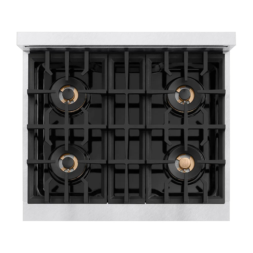 ZLINE 30 in. 4.2 cu. ft. Classic Dual Fuel Range with 4 Burner DuoPro™ Cooktop and Electric Convection Oven in Satin Stainless Steel (PCDRS-30) top-down, above cooktop.