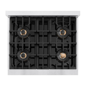 ZLINE 30 in. 4.2 cu. ft. Classic Dual Fuel Range with 4 Burner DuoPro™ Cooktop and Electric Convection Oven in Satin Stainless Steel (PCDRS-30) top-down, above cooktop.