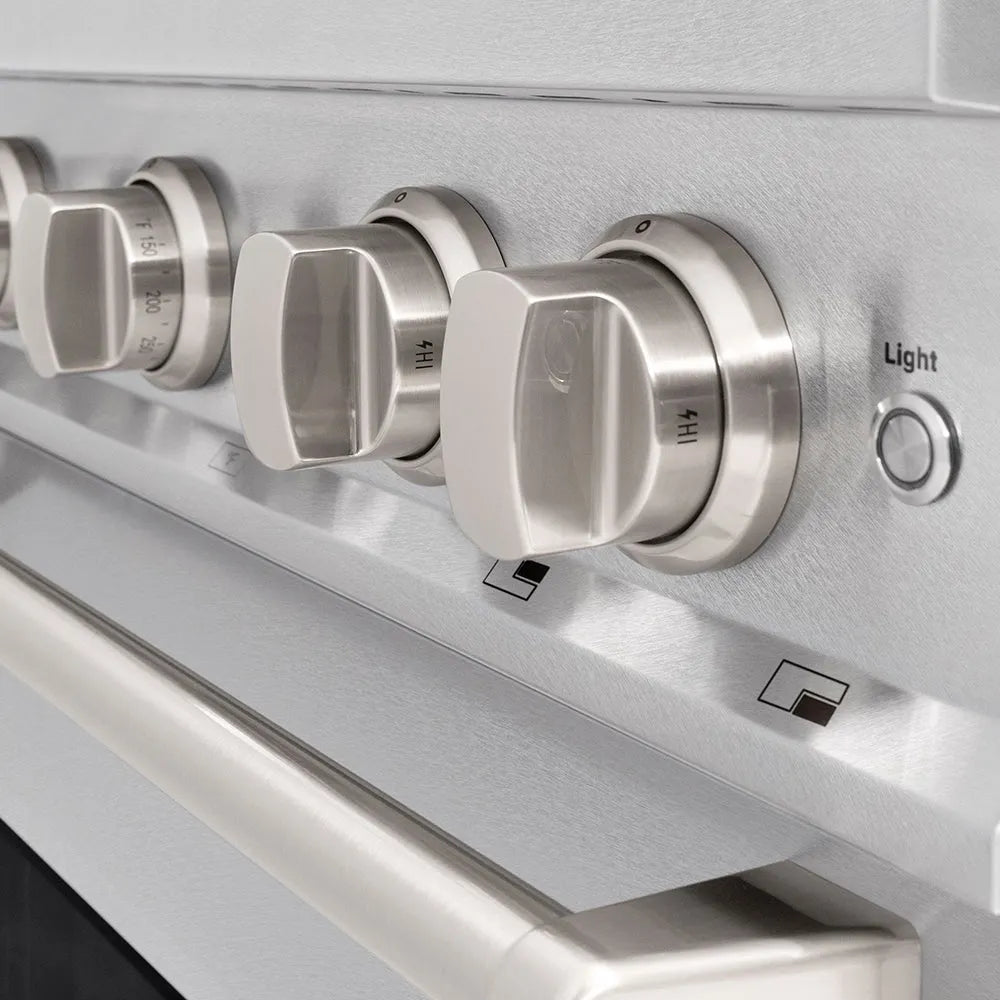 ZLINE 30 in. 4.2 cu. ft. Classic Dual Fuel Range with 4 Burner DuoPro™ Cooktop and Electric Convection Oven in Satin Stainless Steel (PCDRS-30) cooktop and oven knobs.