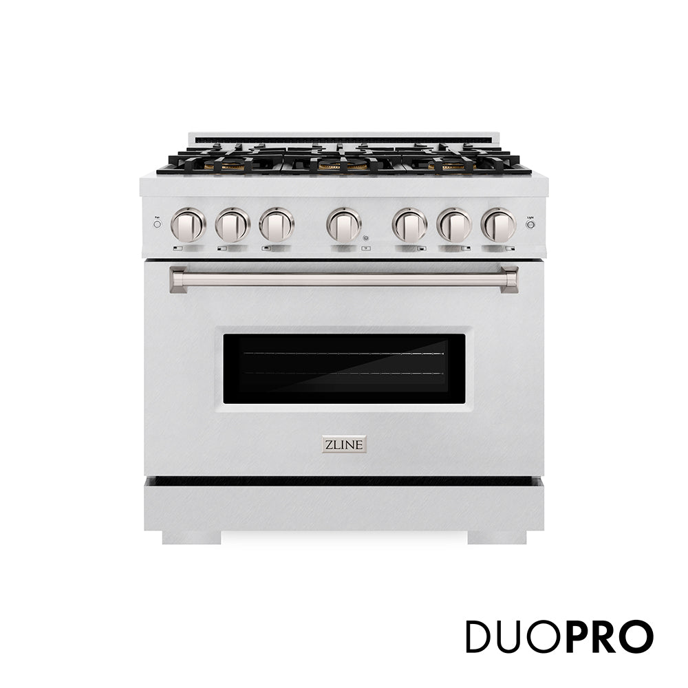 ZLINE 36 in. 5.2 cu. ft. Classic Dual Fuel Range with 6 Burner DuoPro™ Cooktop and Electric Convection Oven in Satin Stainless Steel (PCDRS-36) front, with DuoPro™ logo.