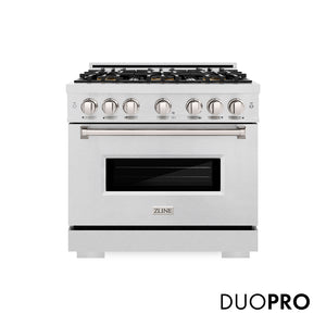 ZLINE 36 in. 5.2 cu. ft. Classic Dual Fuel Range with 6 Burner DuoPro™ Cooktop and Electric Convection Oven in Satin Stainless Steel (PCDRS-36) front, with DuoPro™ logo.
