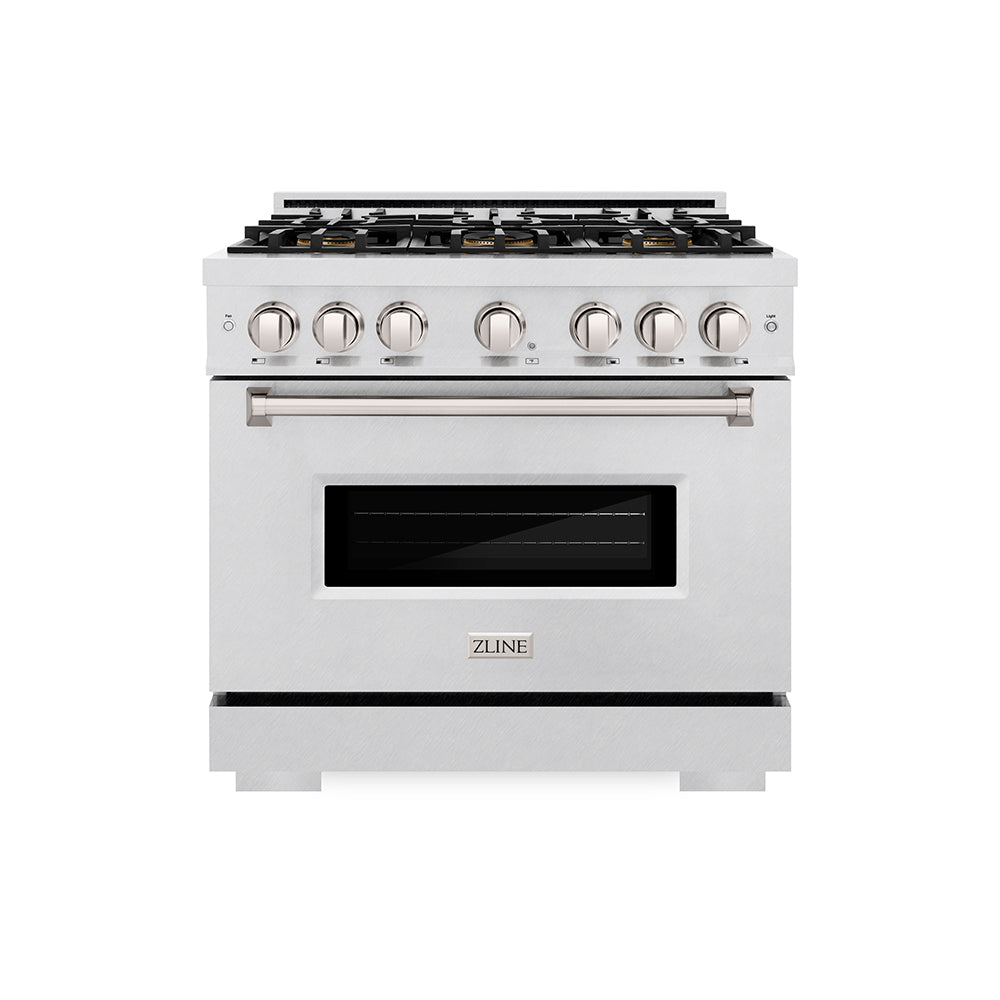 ZLINE 36 in. 5.2 cu. ft. Classic Dual Fuel Range with 6 Burner DuoPro™ Cooktop and Electric Convection Oven in Satin Stainless Steel (PCDRS-36) front.