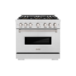 ZLINE 36 in. 5.2 cu. ft. Classic Dual Fuel Range with 6 Burner DuoPro™ Cooktop and Electric Convection Oven in Satin Stainless Steel (PCDRS-36) front.
