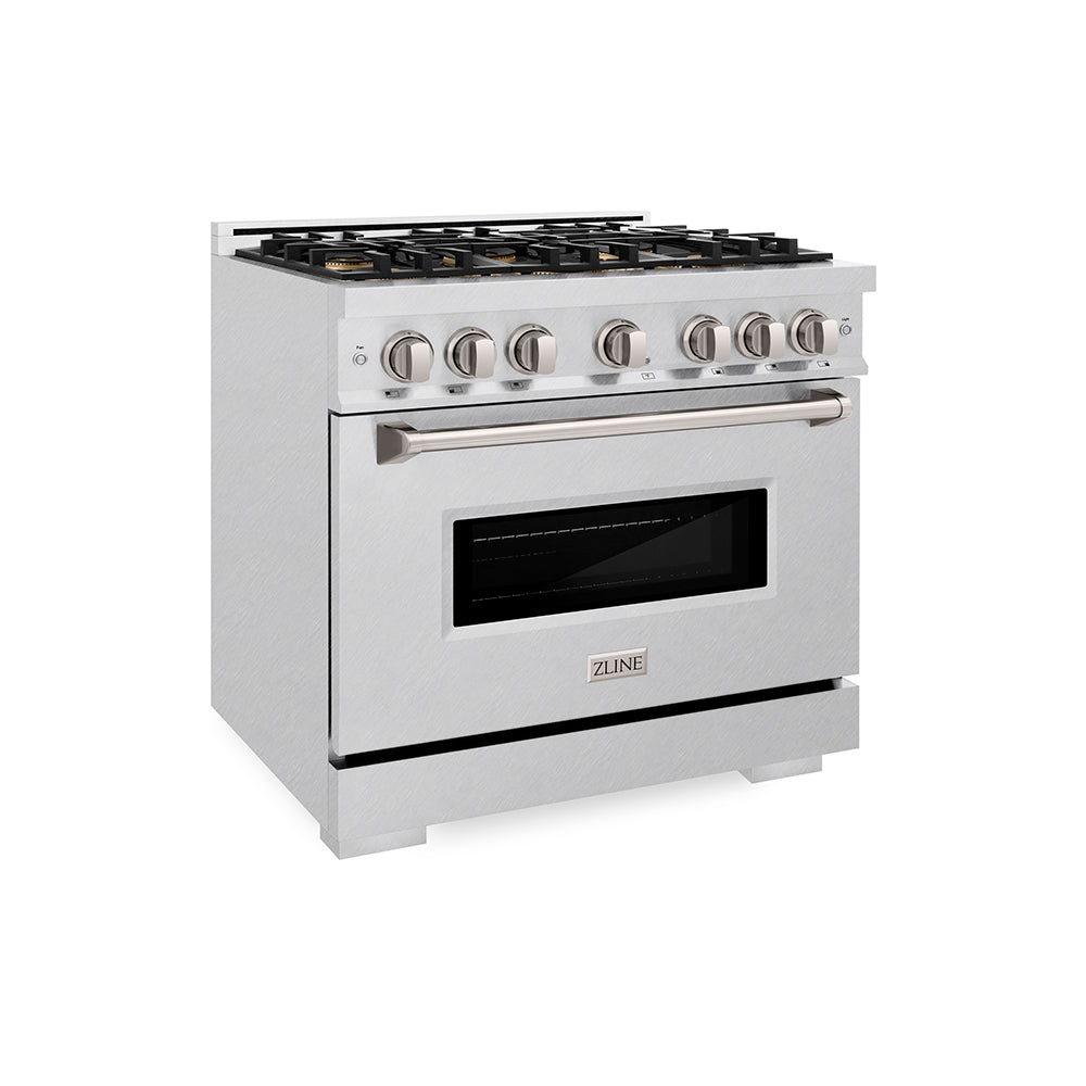 ZLINE 36 in. 5.2 cu. ft. Classic Dual Fuel Range with 6 Burner DuoPro™ Cooktop and Electric Convection Oven in Satin Stainless Steel (PCDRS-36) side.