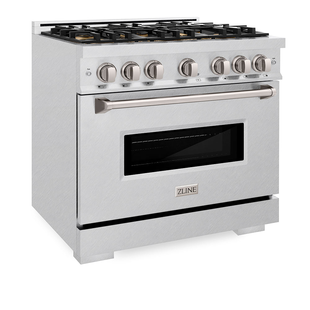 ZLINE 36 in. 5.2 cu. ft. Classic Dual Fuel Range with 6 Burner DuoPro™ Cooktop and Electric Convection Oven in Satin Stainless Steel (PCDRS-36) side, oven closed.