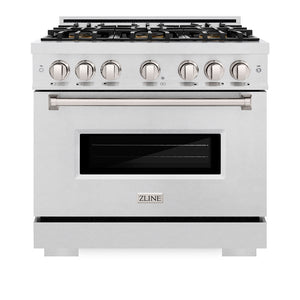 ZLINE 36 in. 5.2 cu. ft. Classic Dual Fuel Range with 6 Burner DuoPro™ Cooktop and Electric Convection Oven in Satin Stainless Steel (PCDRS-36) front, oven closed.