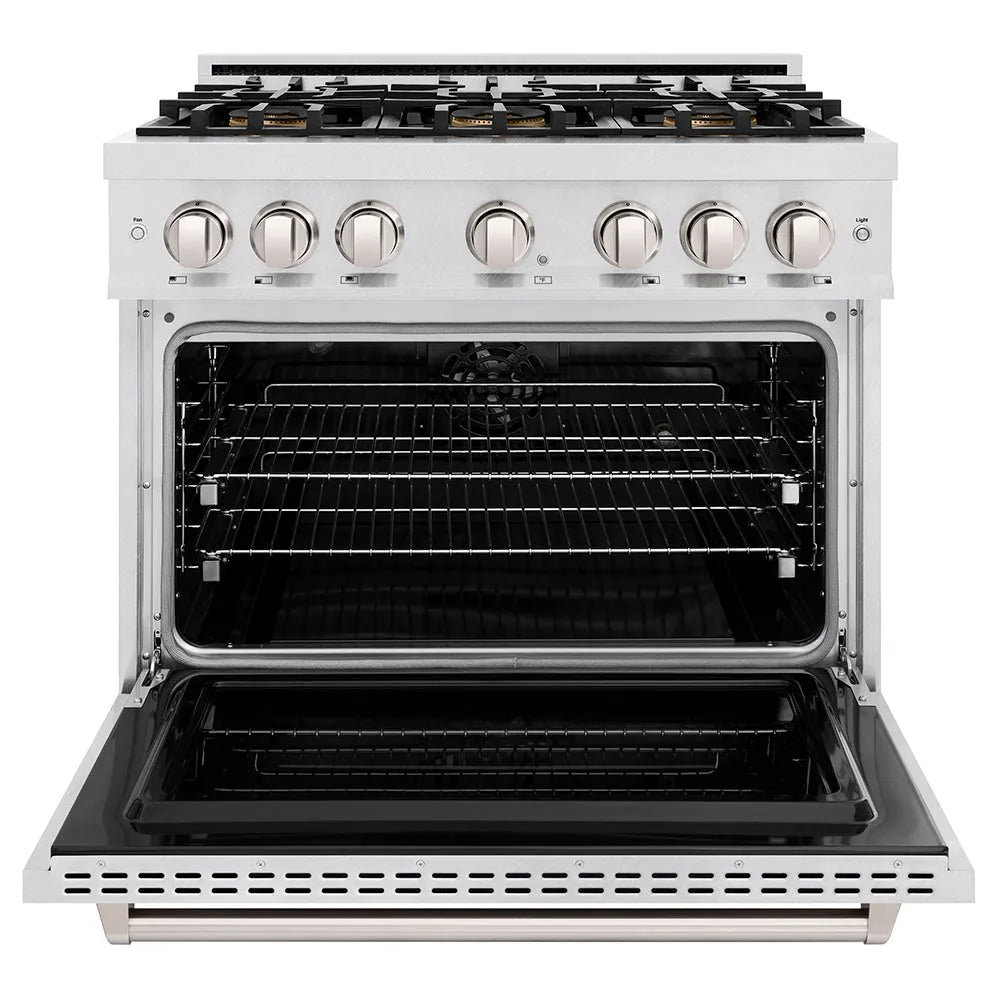 ZLINE 36 in. 5.2 cu. ft. Classic Dual Fuel Range with 6 Burner DuoPro™ Cooktop and Electric Convection Oven in Satin Stainless Steel (PCDRS-36) front, oven open.