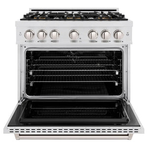 ZLINE 36 in. 5.2 cu. ft. Classic Dual Fuel Range with 6 Burner DuoPro™ Cooktop and Electric Convection Oven in Satin Stainless Steel (PCDRS-36) front, oven open.